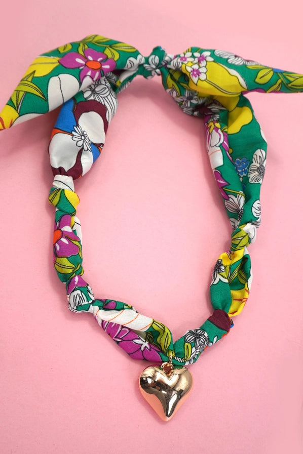 Handmade Scarf Necklace | Green Floral/Heart