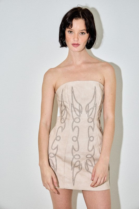 Western Strapless Lace Up Mini Dress | Beige