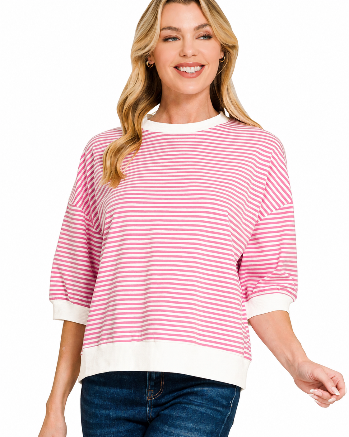 Striped Rib Banded Top | Candy Pink