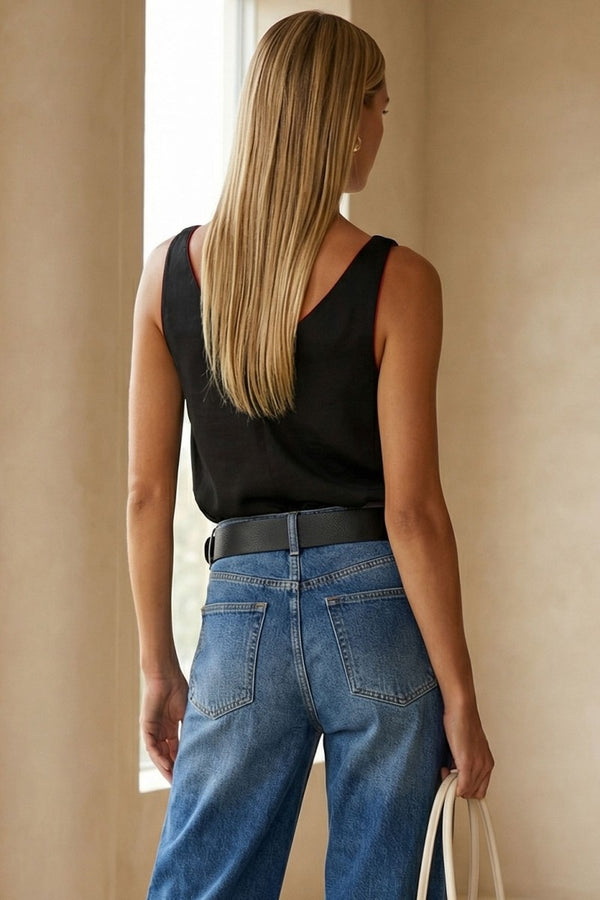 Silky Bubble Puff Strap Detail Tank Top | Black