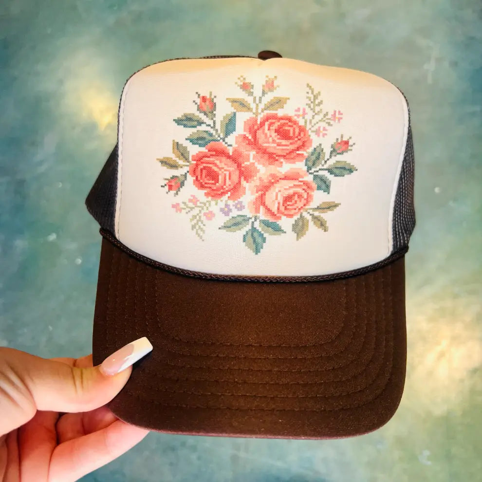 Cross Stitch Roses Foam Trucker Cap | Brown/Tan