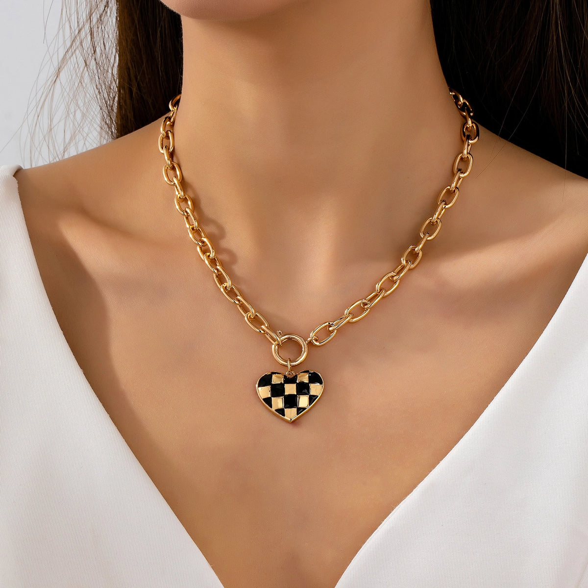 Checkered Heart Front Toggle Necklace | Gold/Black