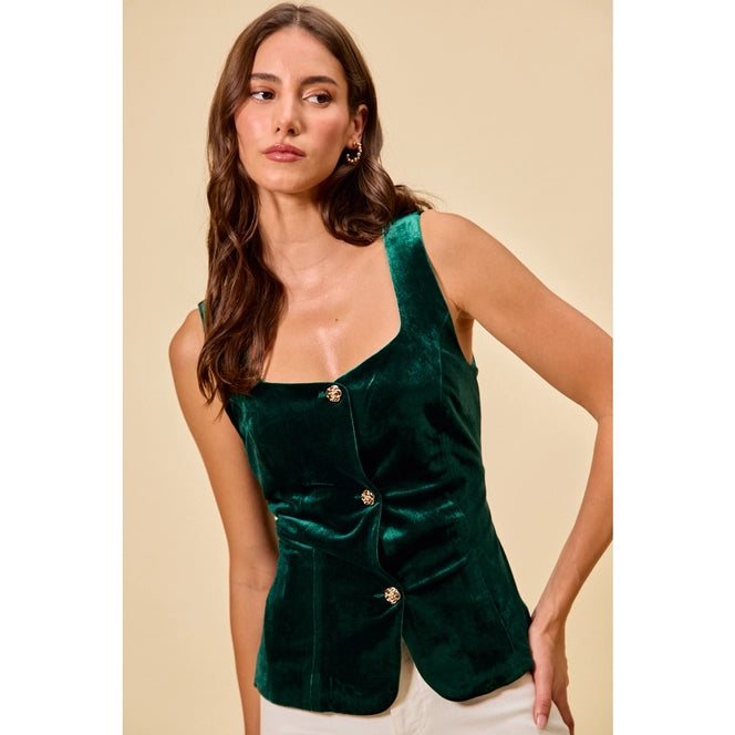 Holiday Velvet Button Vest Top | Hunter