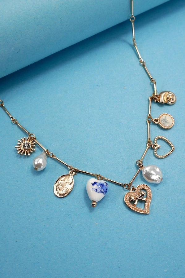 Gold Charm Necklace | Blue Ceramic Porcelain Heart Pearl
