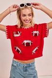 Football Sequin Game Day Stitch Sweater Top | Red