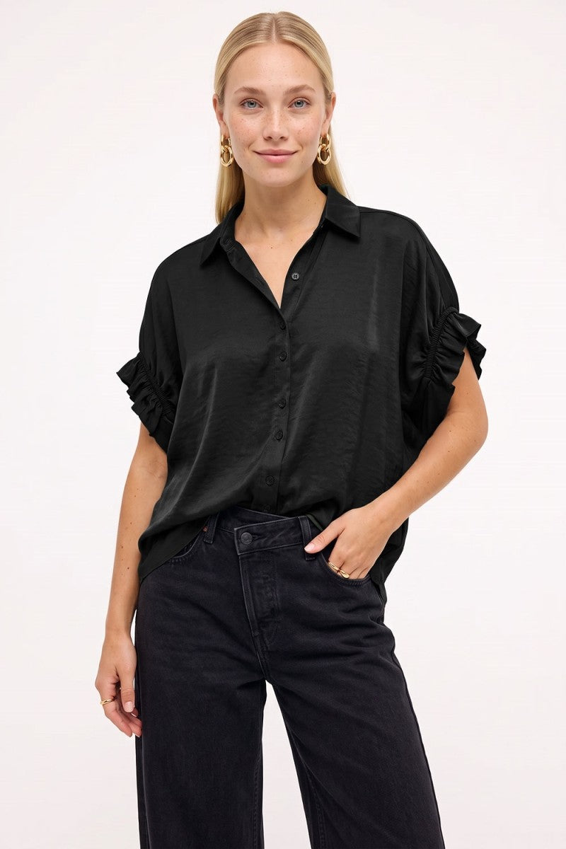 Satin Ruffle Sleeve Button Up Top | Black