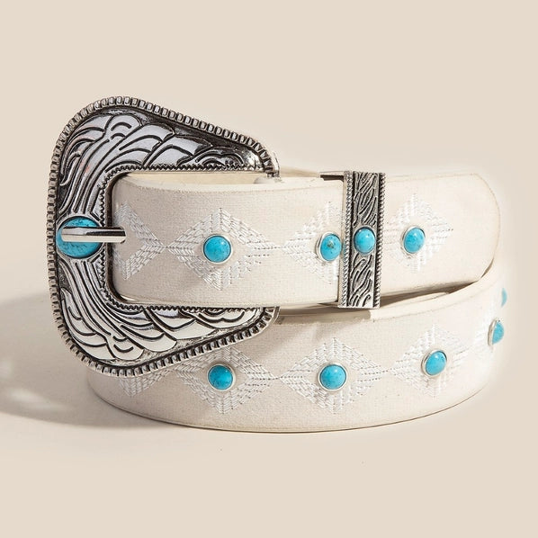 Turquoise Studs Concho Buckle Belt | Ivory/Silver