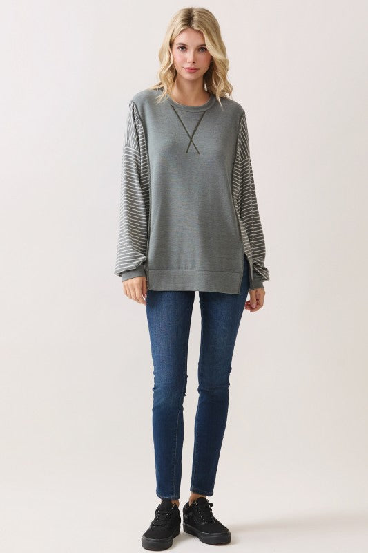 Stripe Contrast Pullover Top | Vintage Olive