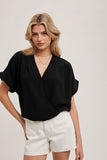 Folded Sleeve Wrap Blouse Top | Black