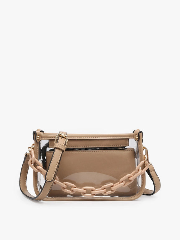 Jessica Clear Vegan Leather Crossbody | Taupe