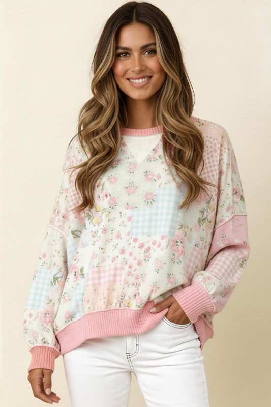 French Terry Floral Color Block Top | Blush Pink