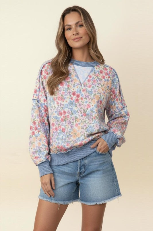 French Terry Floral Top | Blue