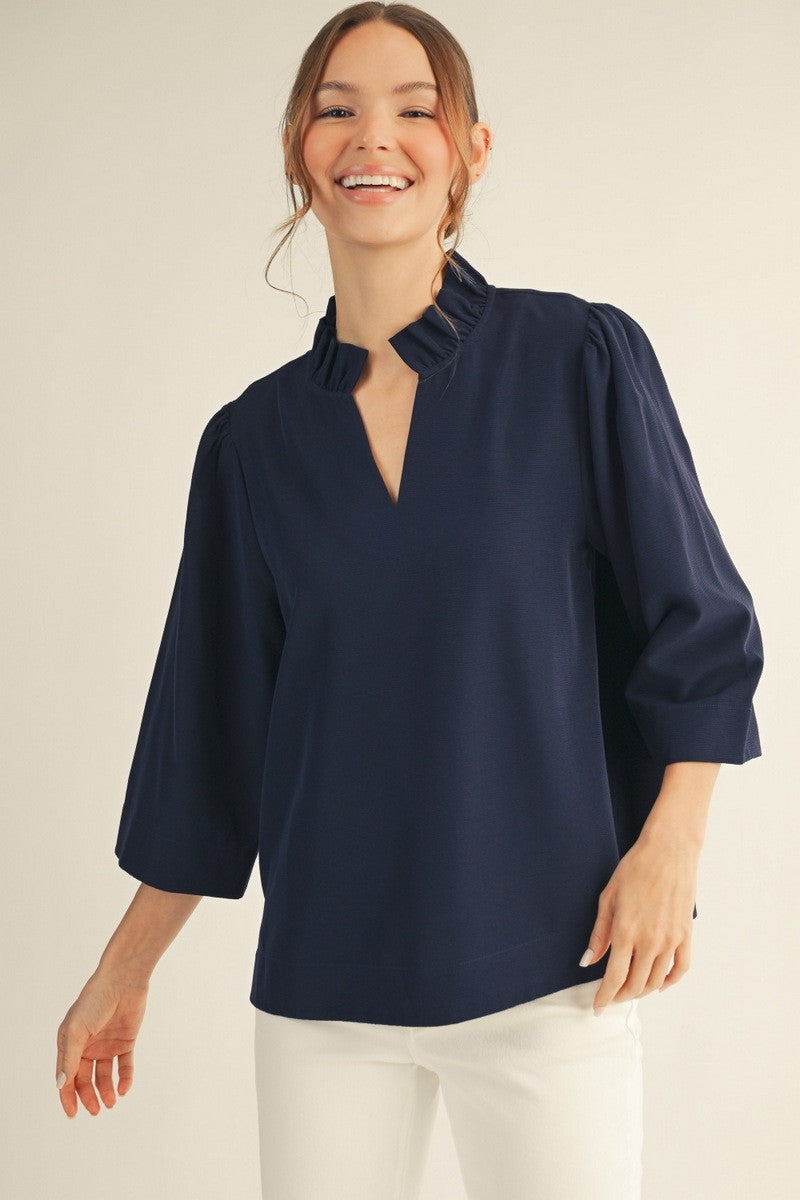 Ruffled Neck Crinkled 3/4 Sleeve Top | Navy