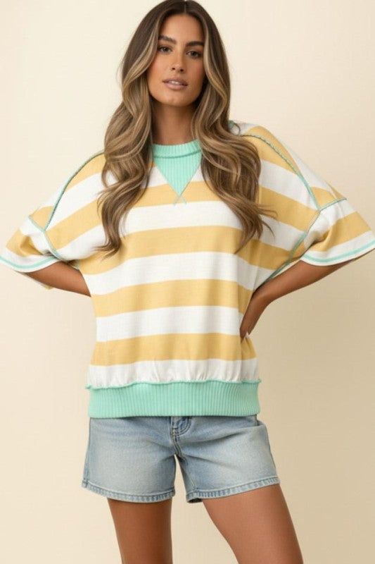 Flutter Elbow Sleeve Stripe Top | Yellow/Aqua