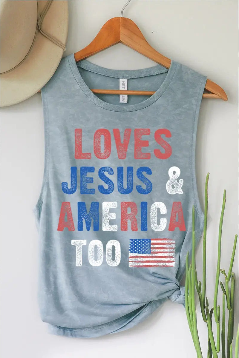 Loves Jesus & America Too Tank Top | Vintage Mineral Blue