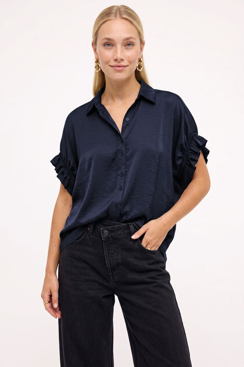 Satin Ruffle Sleeve Button Up Top | Dark Navy