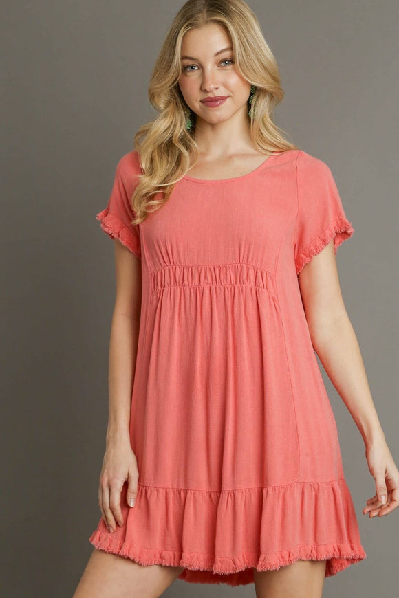 Linen Ruffle Trim Dress | Coral Pink