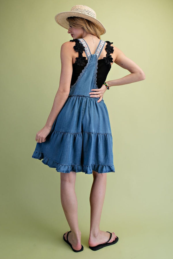 Washed Tencel Ruffle Overall Shorts | Denim Blue