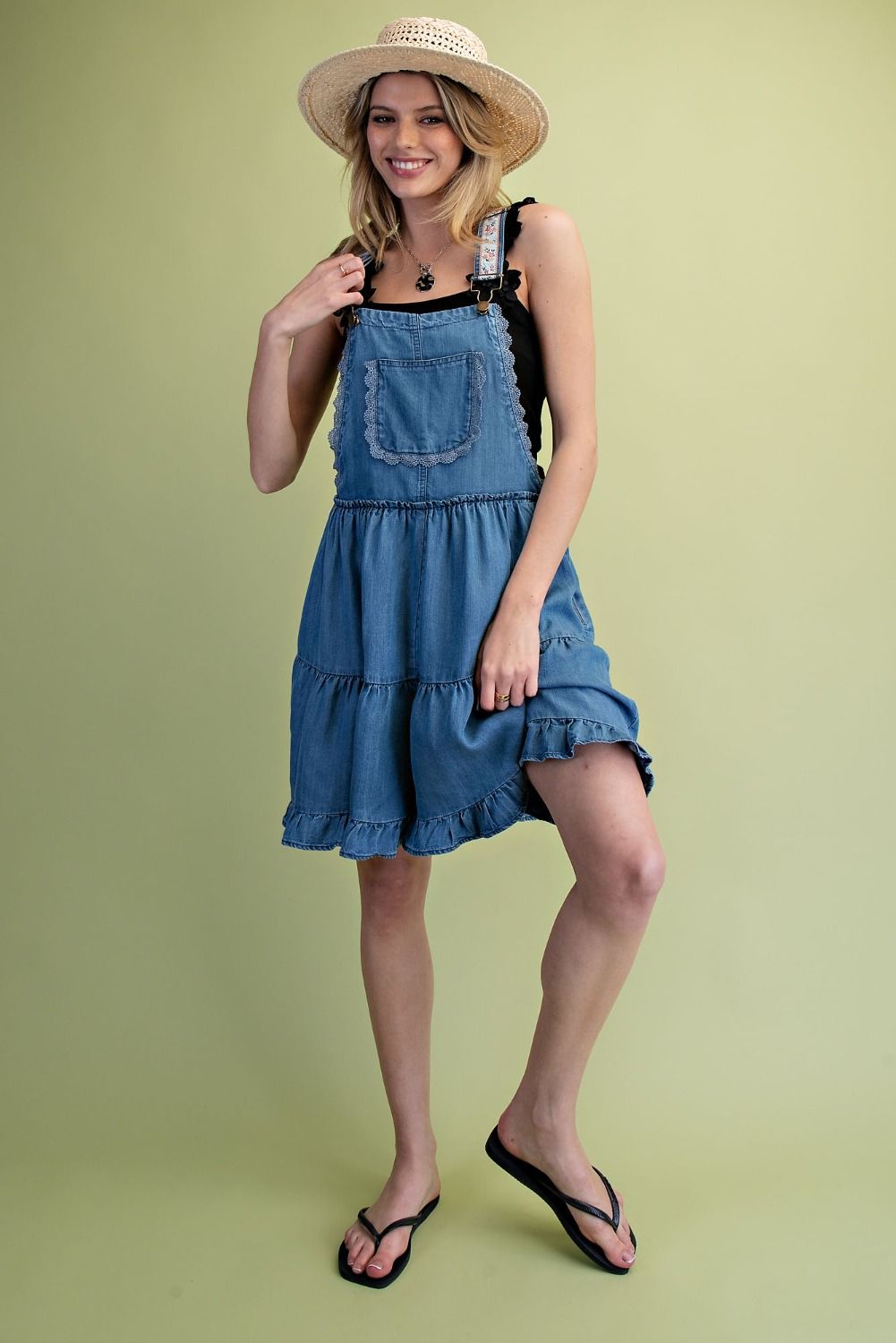 Washed Tencel Ruffle Overall Shorts | Denim Blue