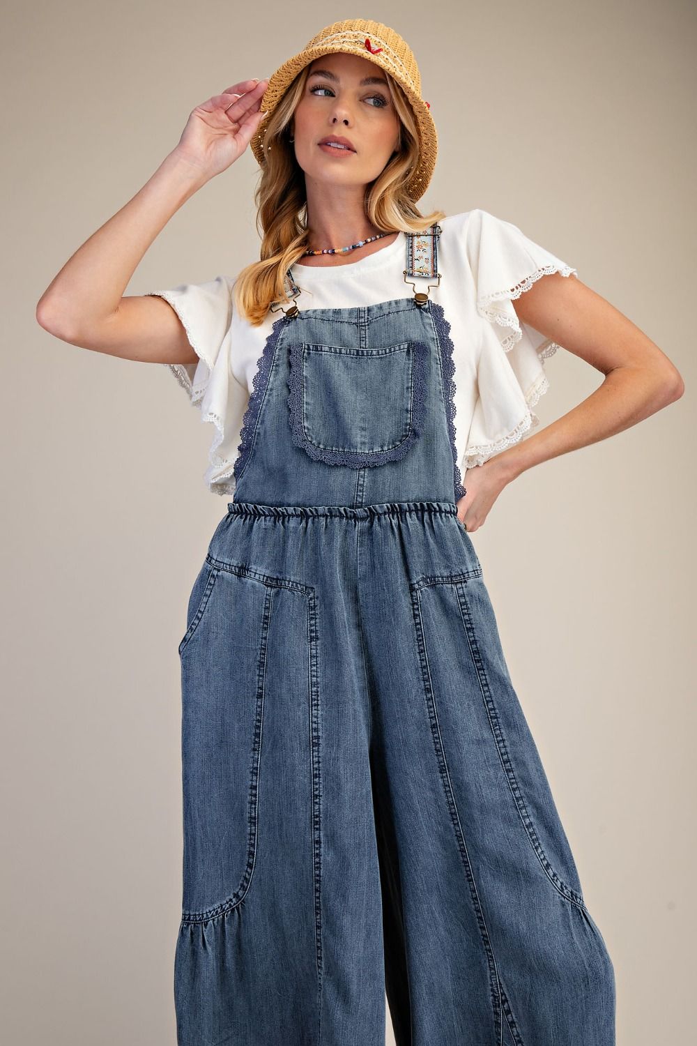 Tiered Chambray Lace Detail Overall Pants | Washed Denim
