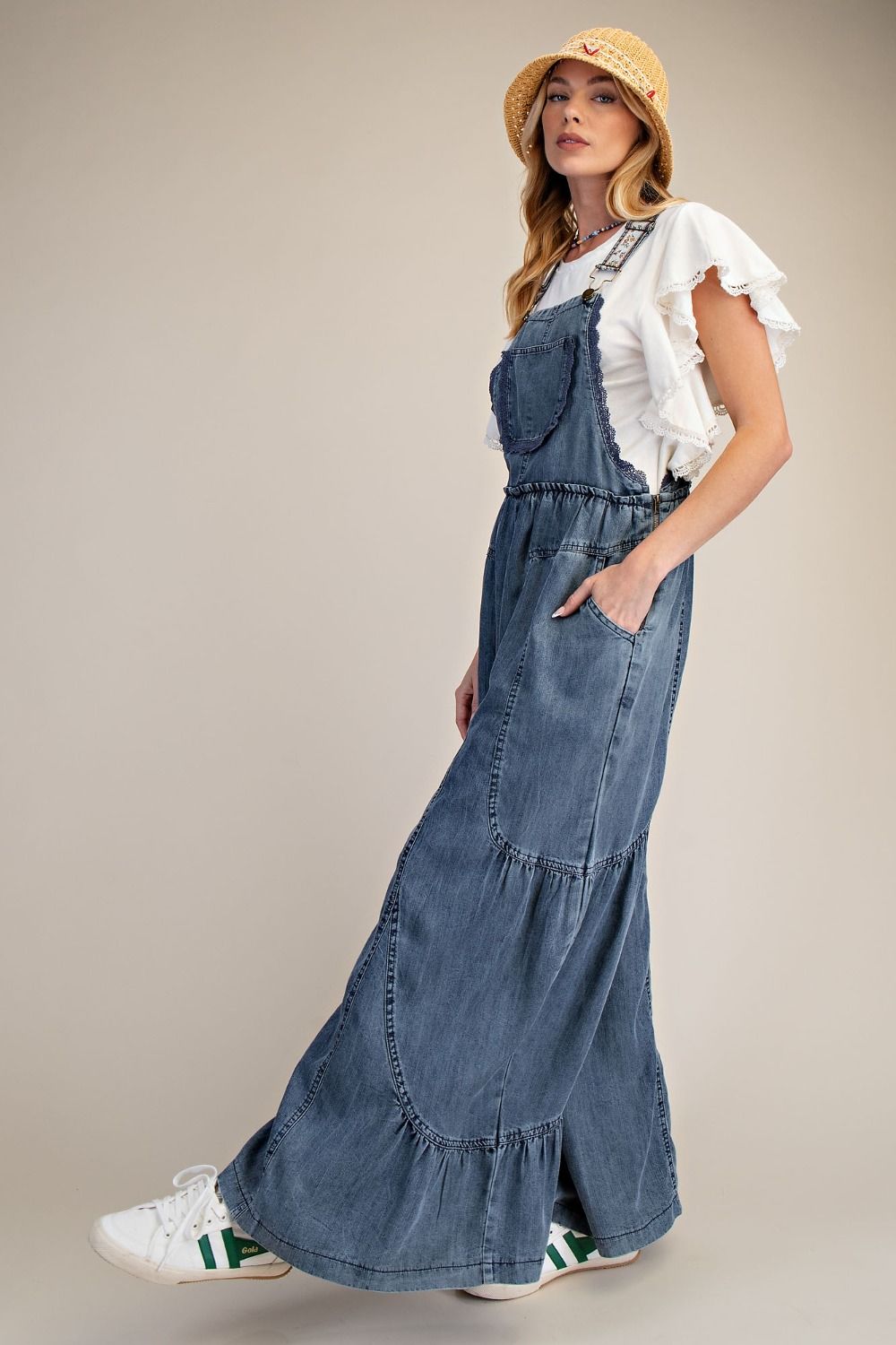 Tiered Chambray Lace Detail Overall Pants | Washed Denim