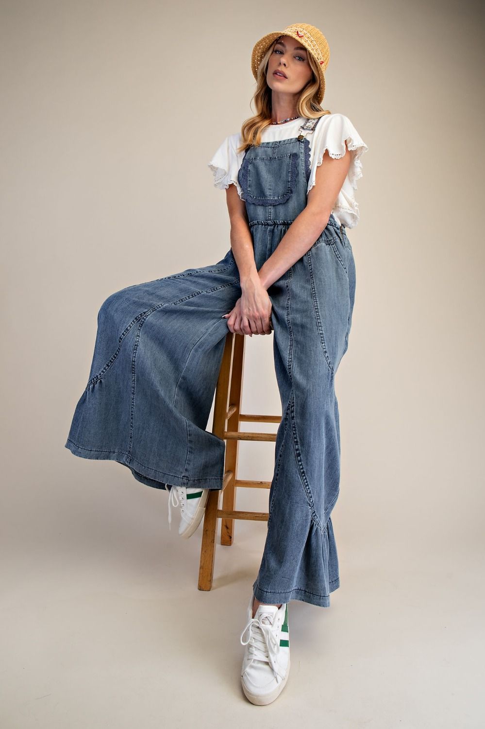 Tiered Chambray Lace Detail Overall Pants | Washed Denim