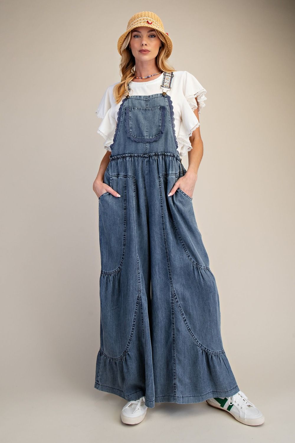 Tiered Chambray Lace Detail Overall Pants | Washed Denim