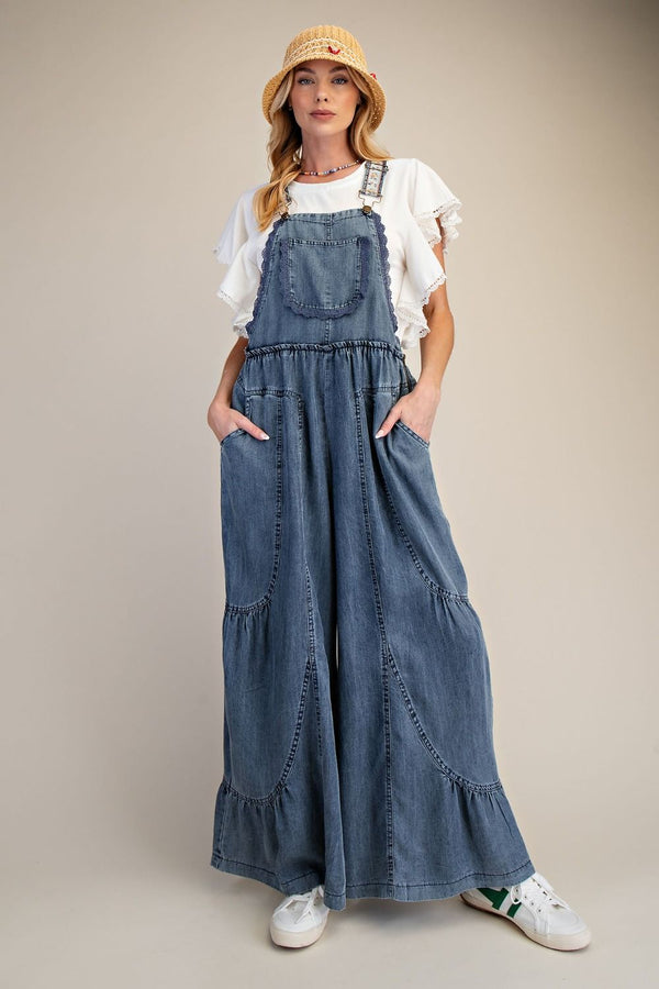 Tiered Chambray Lace Detail Overall Pants | Washed Denim