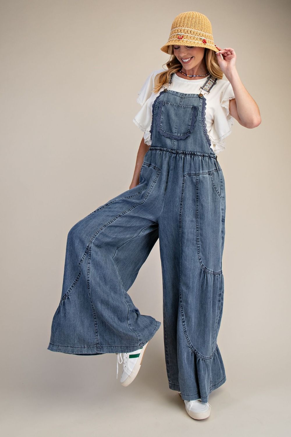 Tiered Chambray Lace Detail Overall Pants | Washed Denim