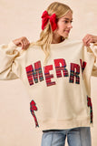 Merry Plaid Side Bow Patch Sweater Top | Cream