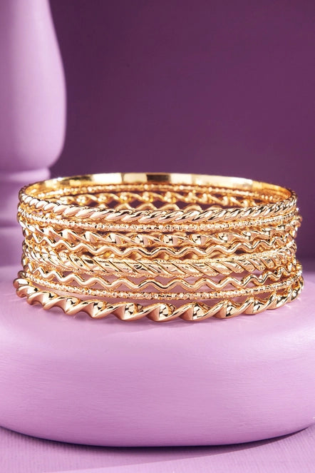 Textured Metal 7pc Bangle Bracelet Set | Gold