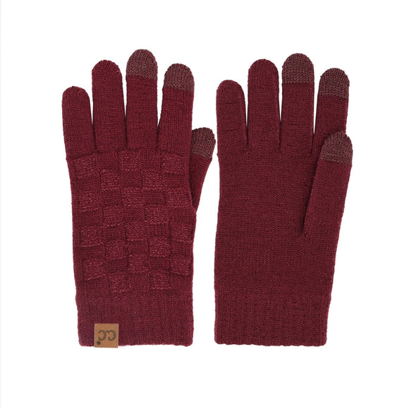 C.C Checkered Knit Smart Touch Gloves | Burgundy