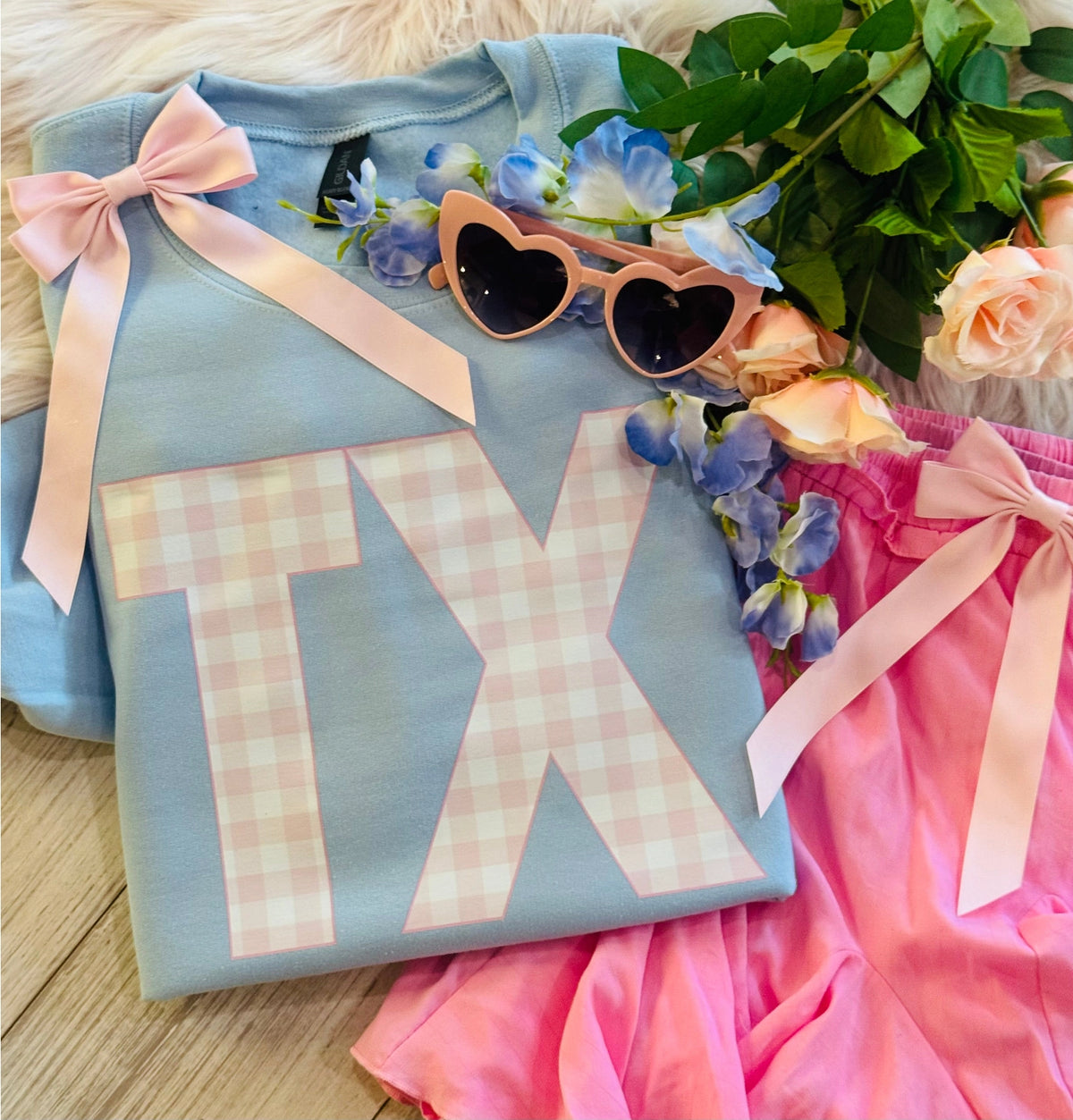TX Pink Gingham Tee | Chambray Blue