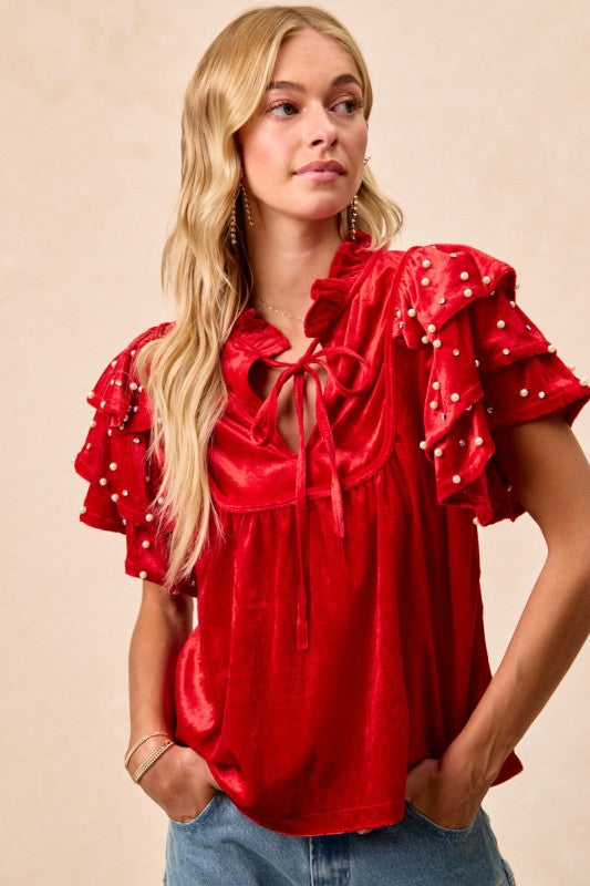 Velvet Pearl Ruffled Front Tie Top | Red