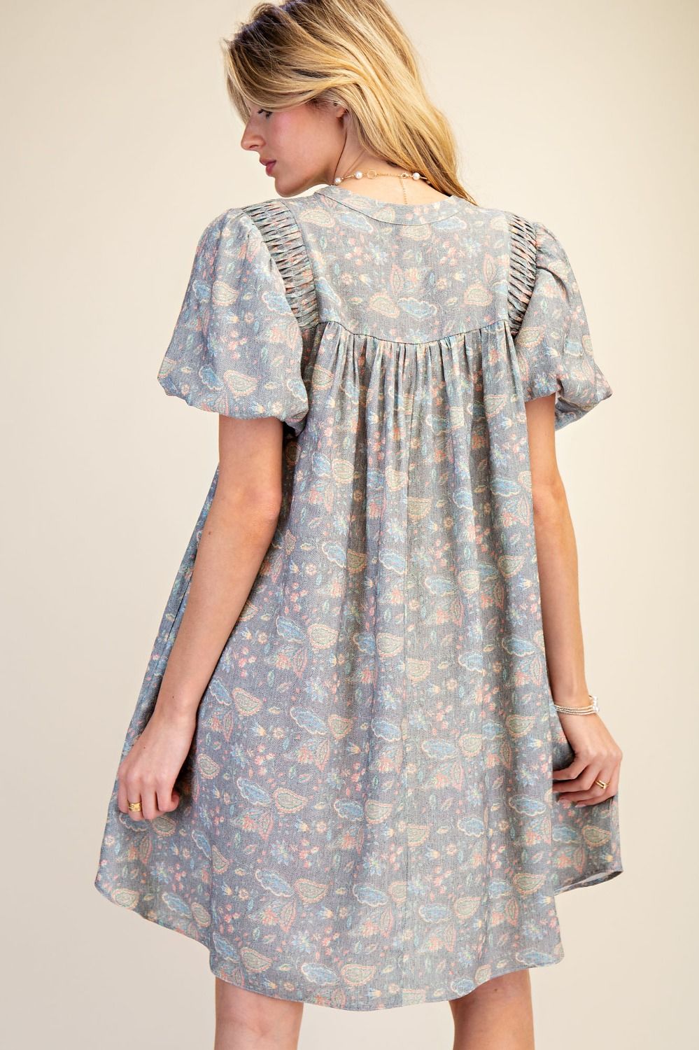 Bubble Sleeve Floral Linen Dress | Ash
