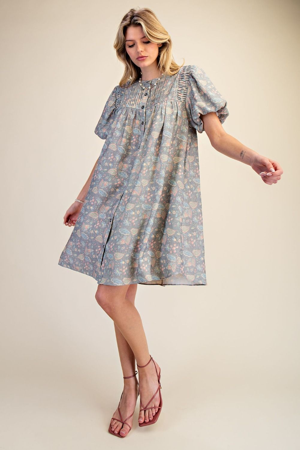 Bubble Sleeve Floral Linen Dress | Ash
