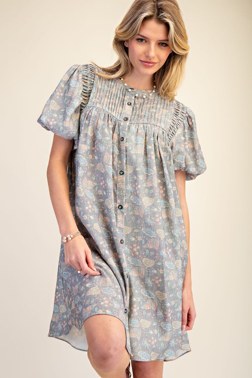 Bubble Sleeve Floral Linen Dress | Ash
