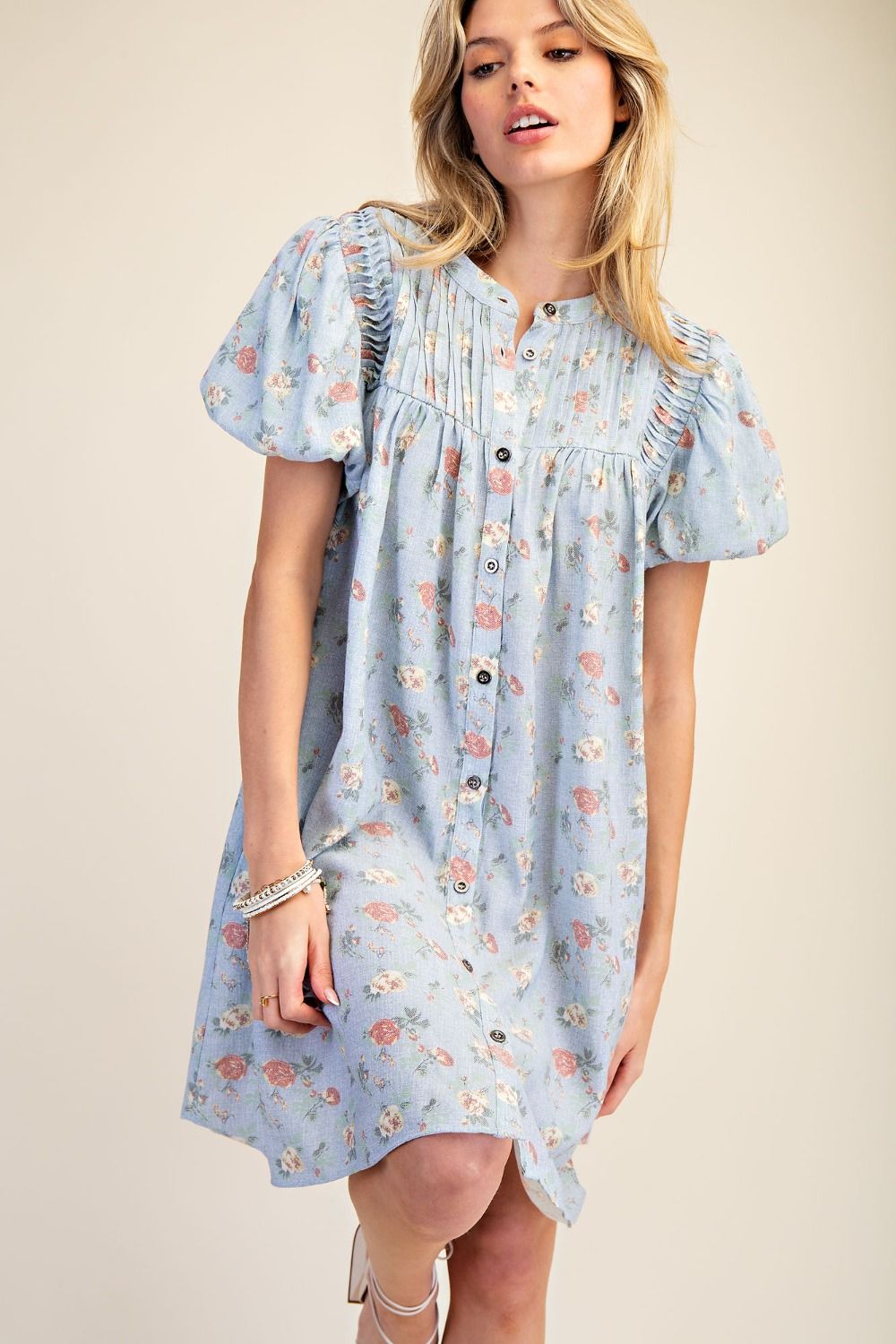 Bubble Sleeve Floral Linen Dress | Washed Denim