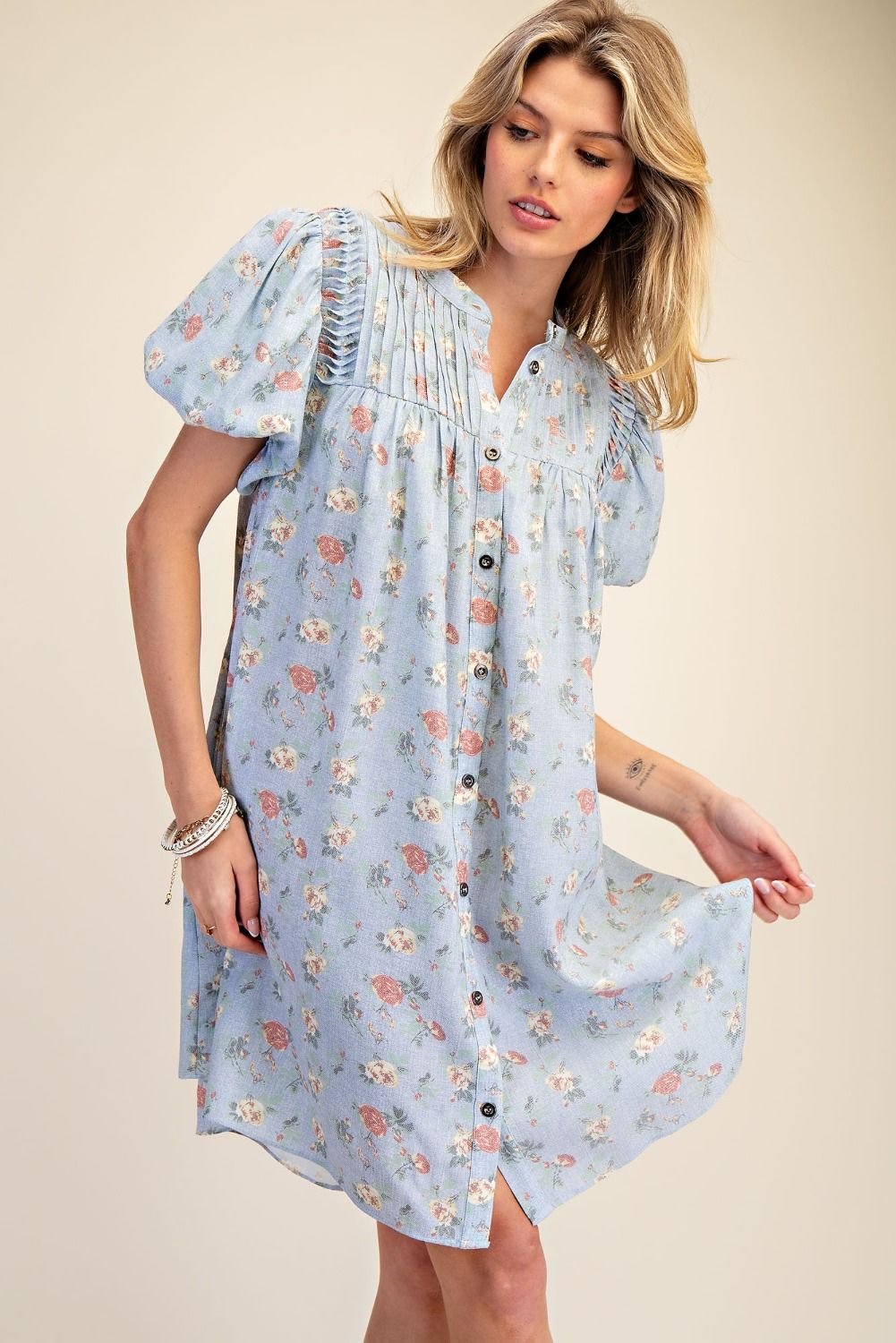 Bubble Sleeve Floral Linen Dress | Washed Denim