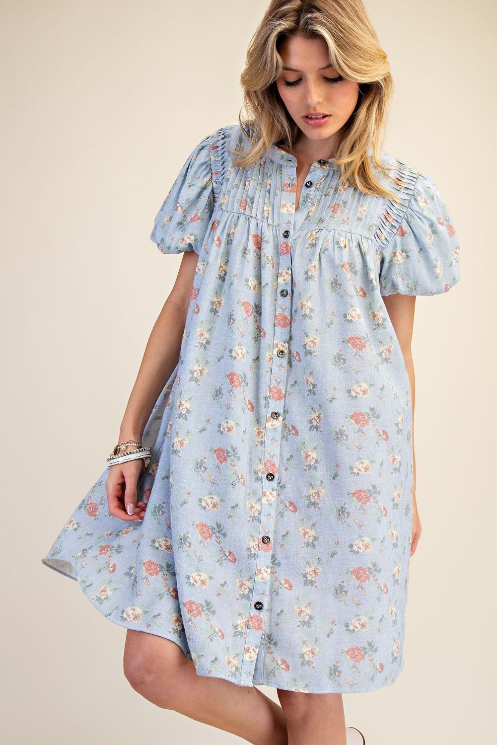Bubble Sleeve Floral Linen Dress | Washed Denim