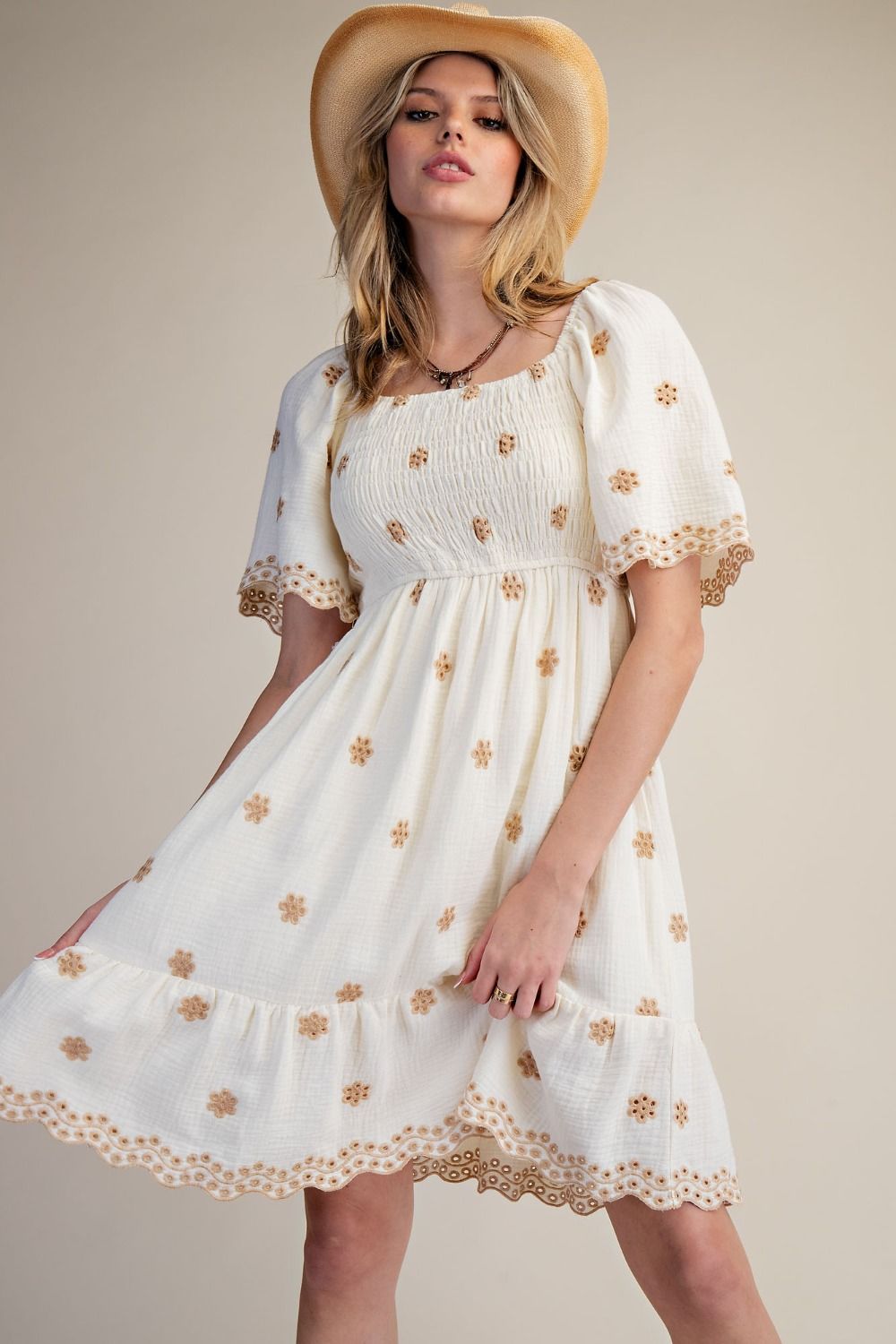 Floral Embroidered Cotton Gauze Dress | Ivory