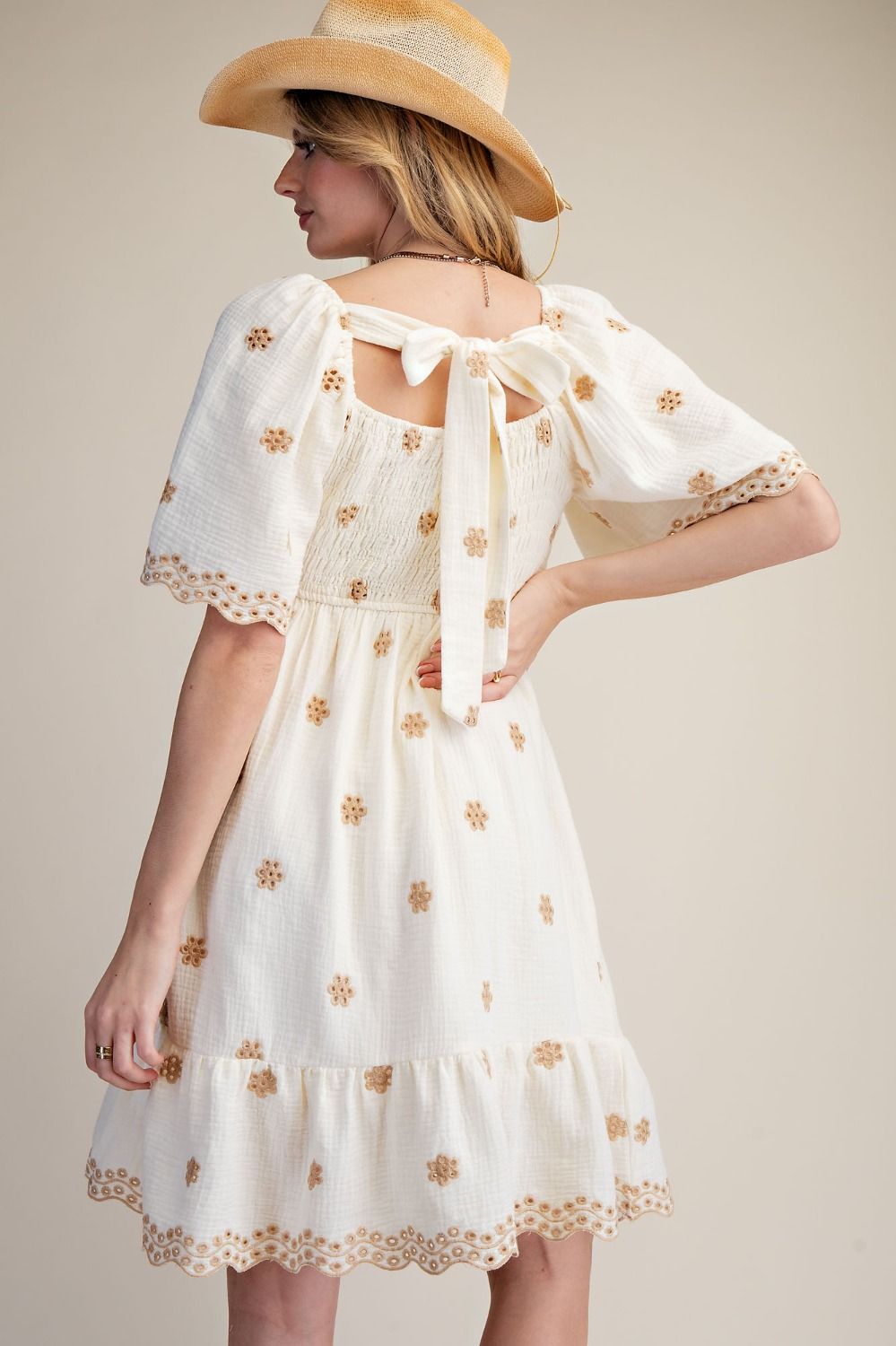 Floral Embroidered Cotton Gauze Dress | Ivory