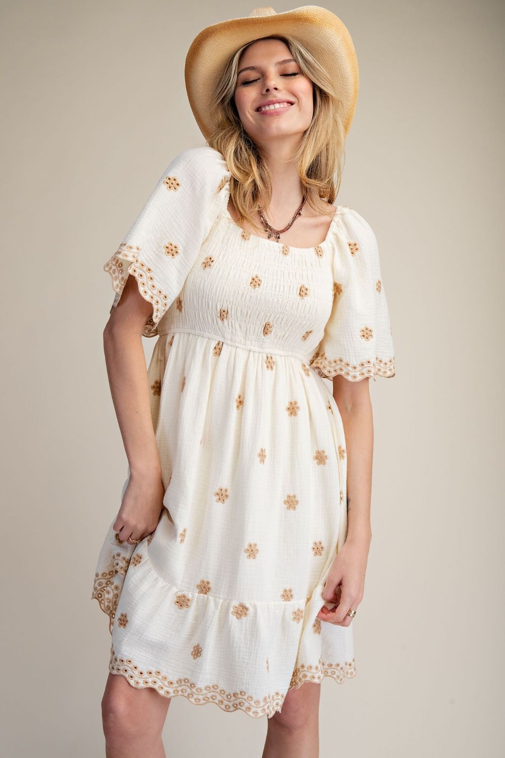 Floral Embroidered Cotton Gauze Dress | Ivory