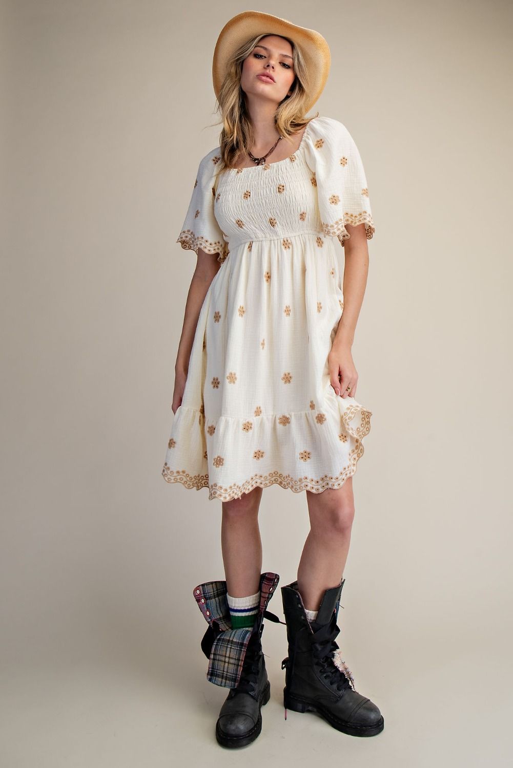 Floral Embroidered Cotton Gauze Dress | Ivory