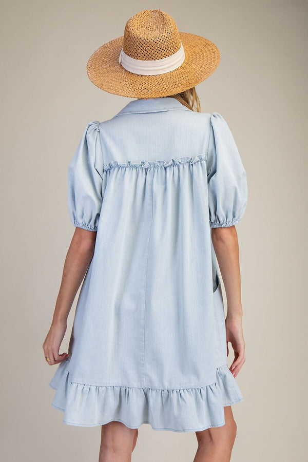 Ruffle Bottom Chambray Dress | Light Denim
