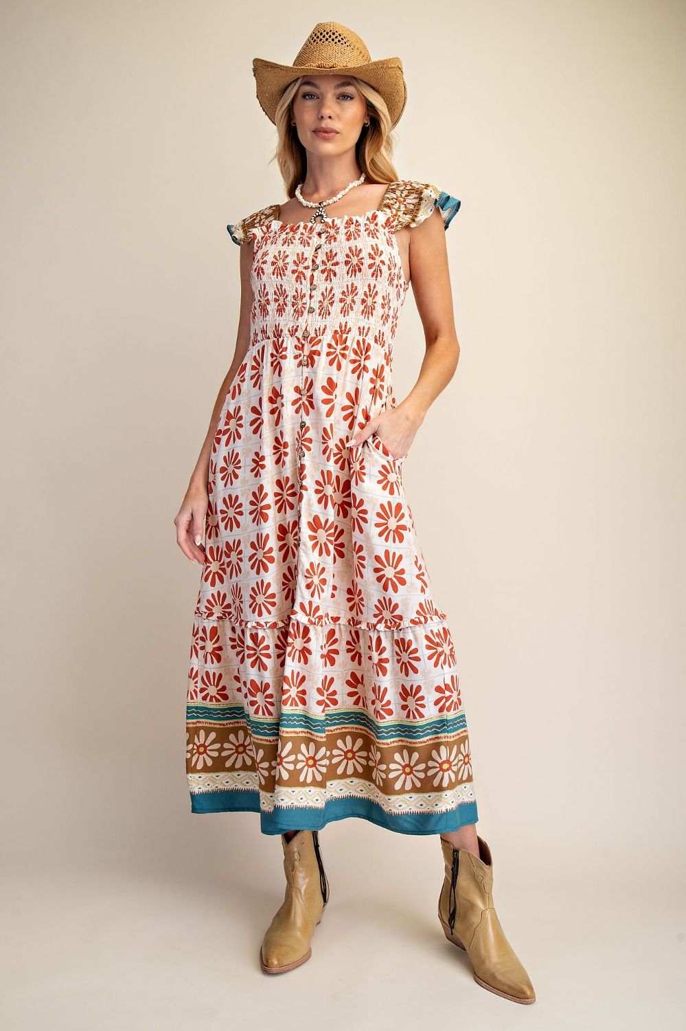 Floral Border Midi Dress | Rust Natural
