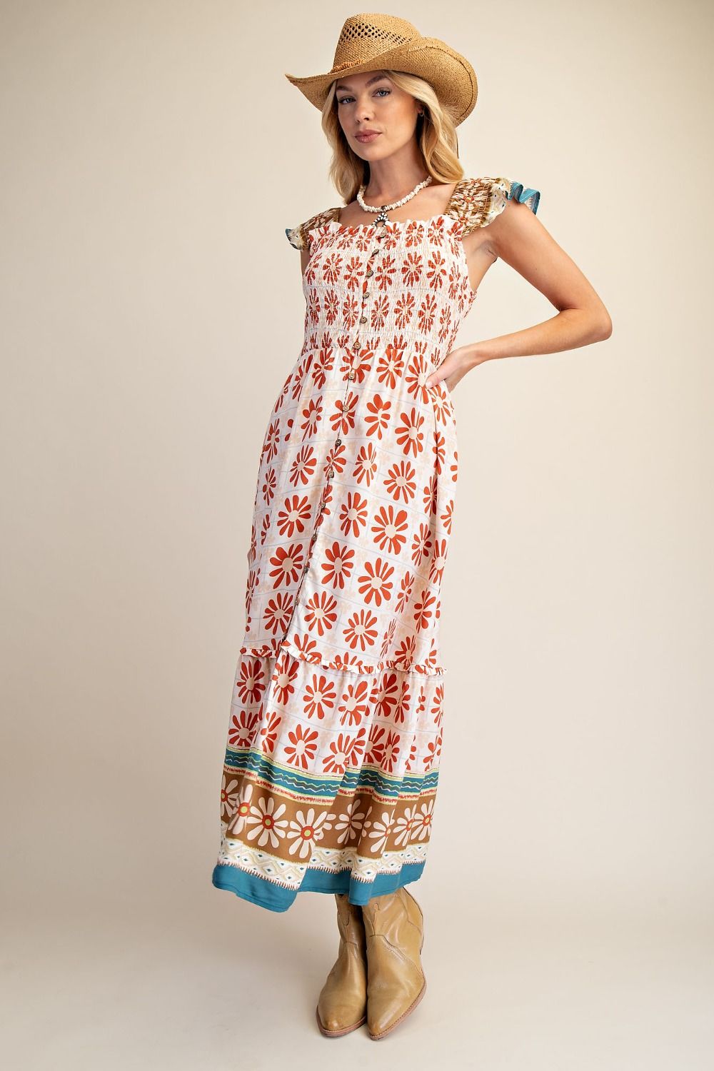 Floral Border Midi Dress | Rust Natural