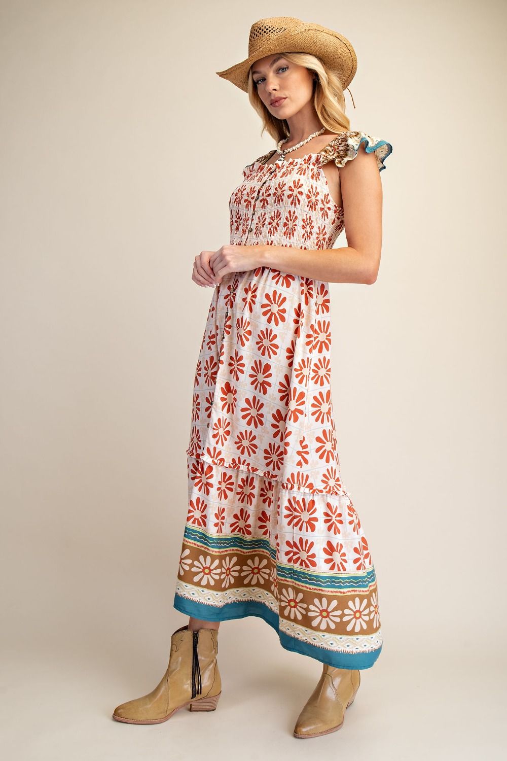 Floral Border Midi Dress | Rust Natural