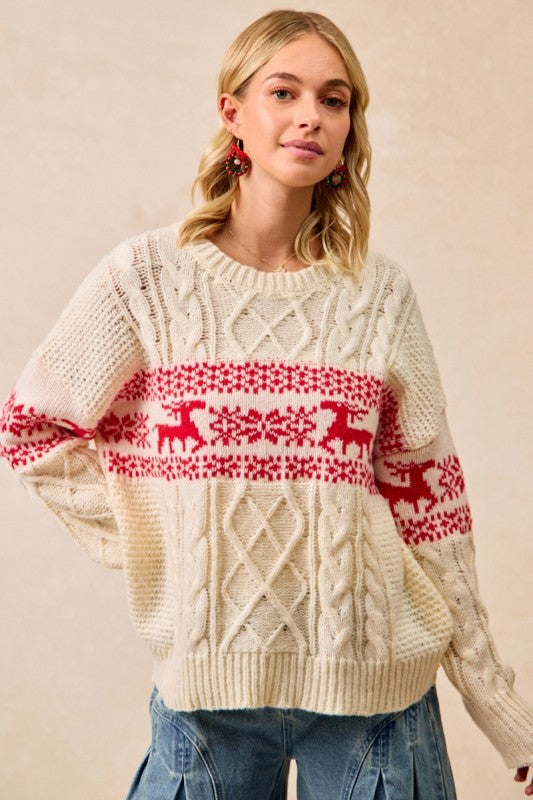 Christmas Cable Knit Sweater Top | Cream/Red
