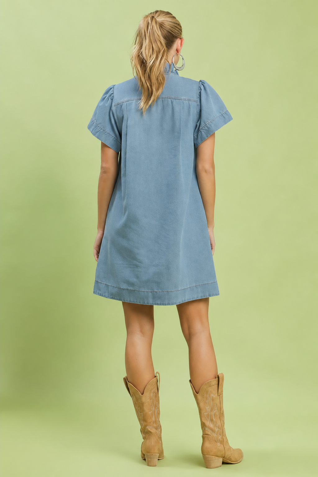 Denim Ruffle Collar Dress | Light Wash